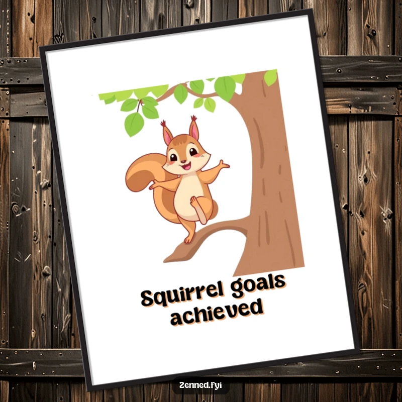 Funny poster art of a cheerful squirrel flawlessly balancing on one foot in a tree pose, adding playful humor to any wall.