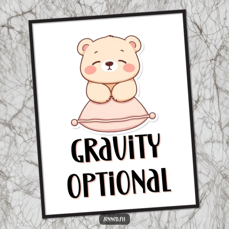 Funny poster of a serene bear peacefully floating just above a small cushion, perfect for zen-themed humorous decor.