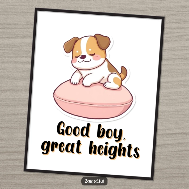 Funny dog cushion poster showing a peaceful dog gently floating above a circular cushion, radiating happiness.