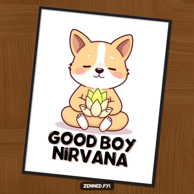 Funny Poster: A meditating dog with a smiling lotus flower, radiating peace and bringing hilarious zen to wall decor.