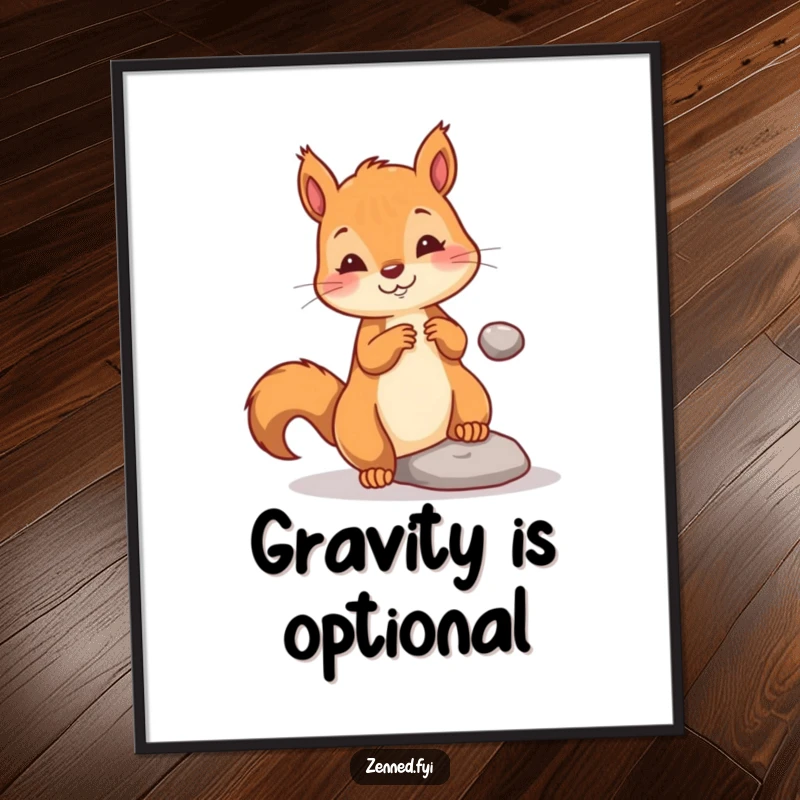 Funny poster of a playful squirrel gently levitating a tiny pebble with focused concentration, capturing a moment of surreal, charming magic.