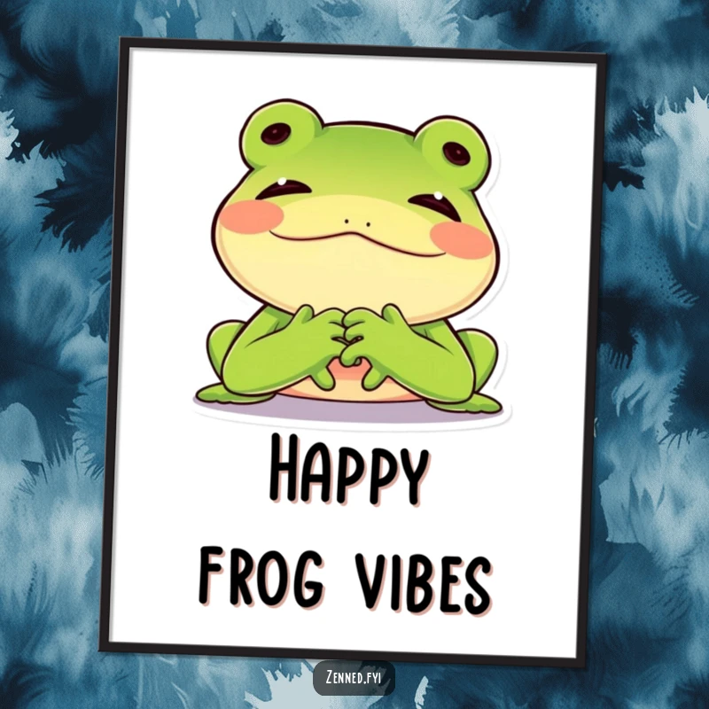 Funny poster print of a green frog sighing contentedly with chin on hands, joyful peaceful art, ideal funny gift.