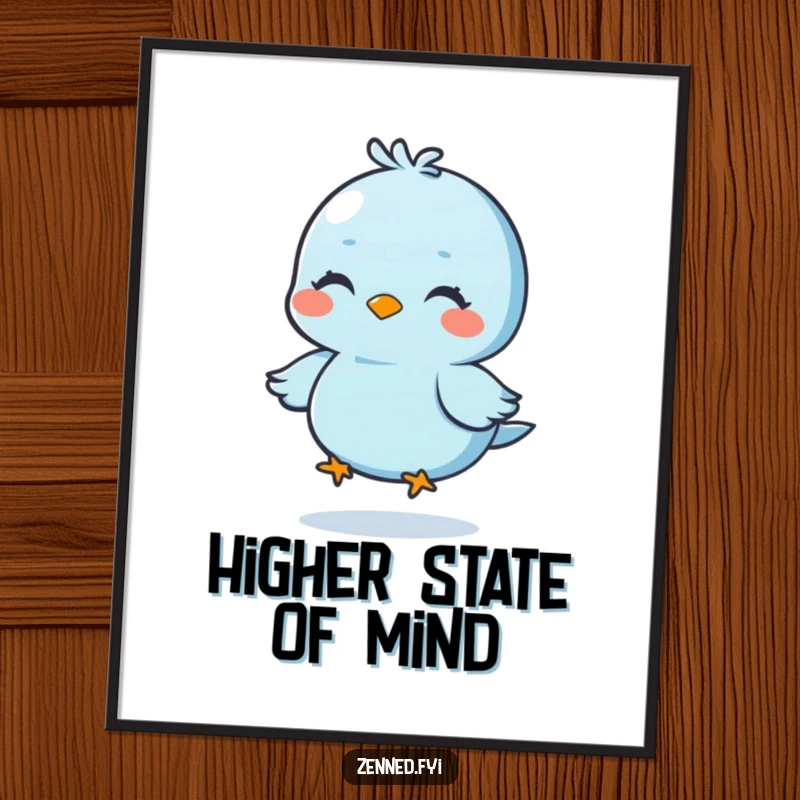 Funny poster print of a blue bird in deep meditation, gently floating, peaceful wall art, ideal funny gift.