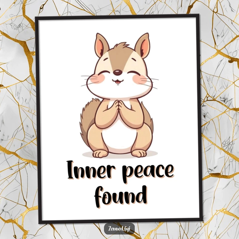 Funny Poster: A peaceful squirrel with hands clasped in prayer, looking upwards, bringing zen humor to wall decor.