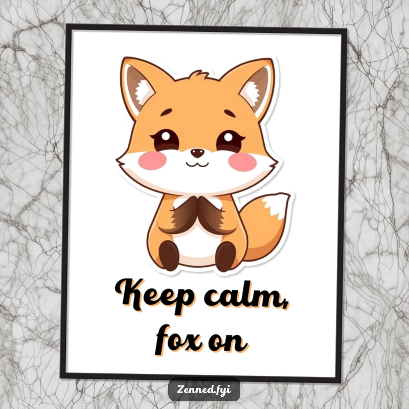 Funny Kawaii fox poster displaying a smiling character with hands together in a calm pose, perfect for peaceful wall art and gifting.