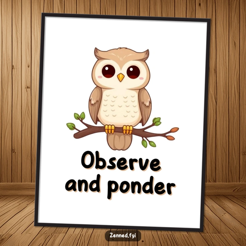 Funny owl zen poster, perched on a branch, completely still and centered, humorous art for wall decor.