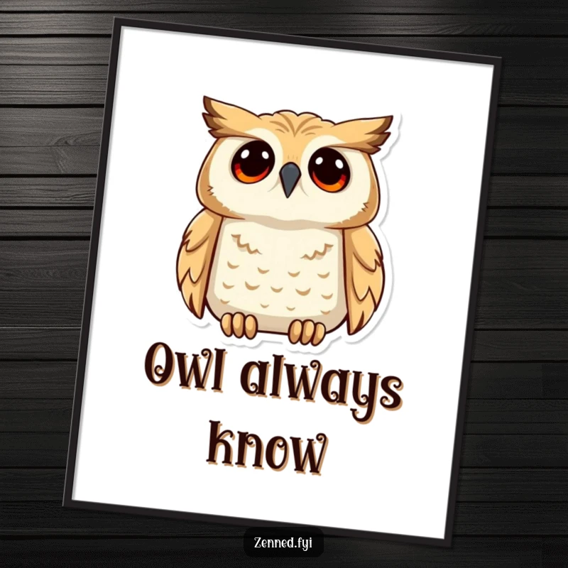 Funny poster art of a calm owl gazing upwards with a look of deep understanding, adding intellectual humor to any wall.