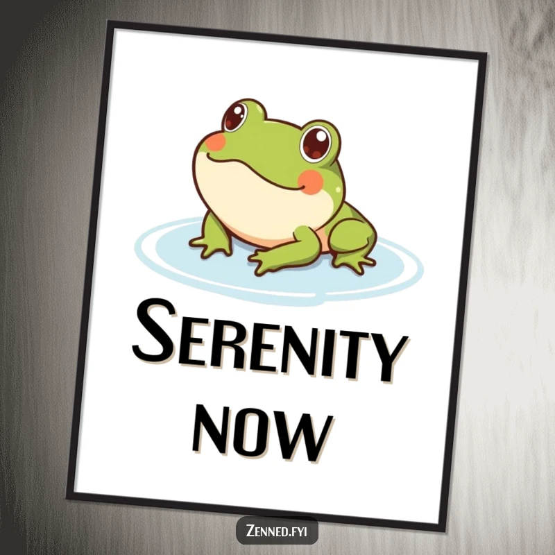 Funny frog floating poster art depicting a content frog serenely on water. Calming and humorous wall decor.