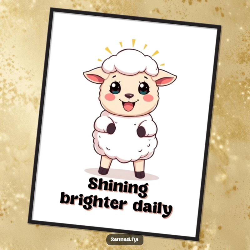Funny poster of a joyful sheep character with a glowing halo, radiating peace, happiness, and heavenly humor.