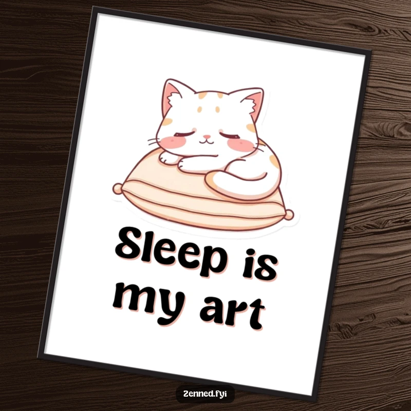 Funny Poster of a content cat character asleep on a cushion, radiating hilarious cozy charm for wall decor.