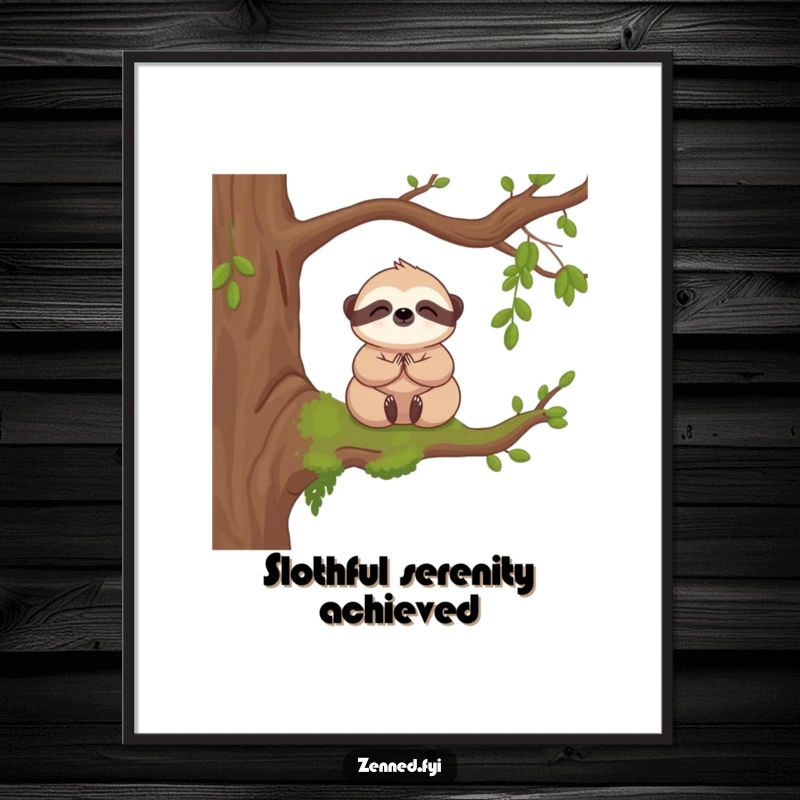 Funny poster art of a cute kawaii sloth meditating on a mossy branch, perfect for creating a tranquil and charming atmosphere.