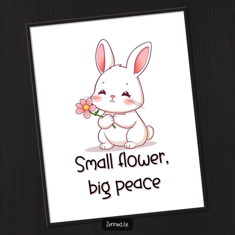 Funny rabbit flower poster showing a serene rabbit holding a tiny blooming flower with a calm and content expression.