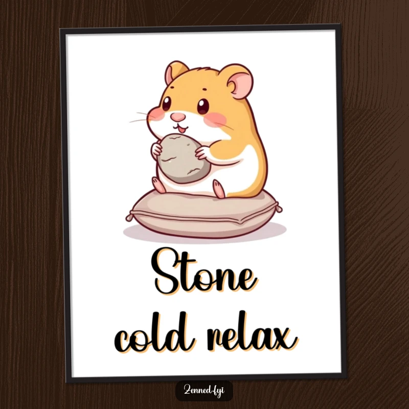 Funny hamster poster showing a content hamster on a cushion, holding a smooth stone, creating a tranquil and happy atmosphere.