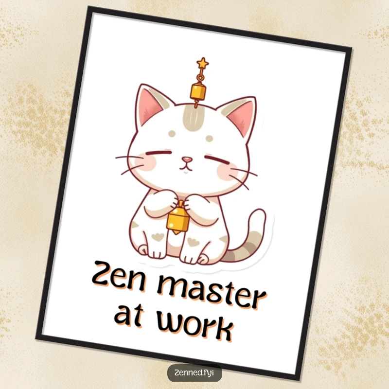 Funny cat poster showing a serene character completely still, dangling a small bell above its head, bringing quiet humor to any space.