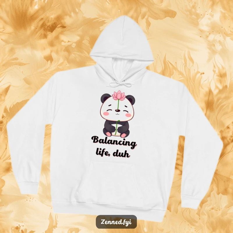 Funny panda balancing a lotus flower on its nose on a warm hoodie, offering comfort and a touch of calm humor for a funny gift.