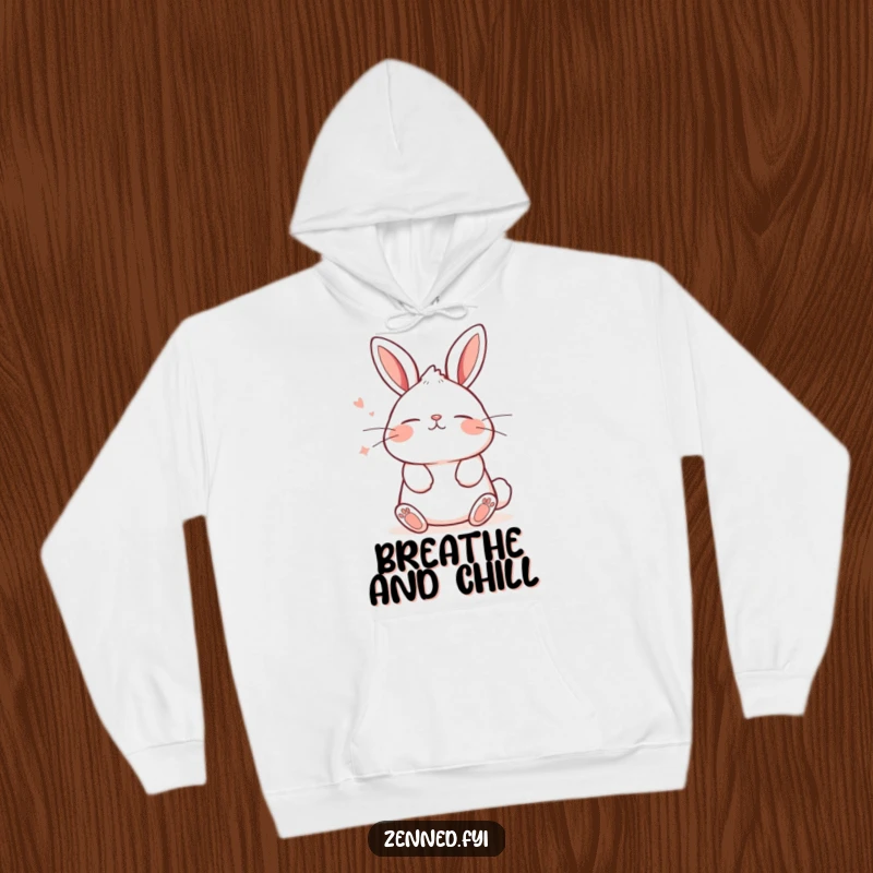 Funny hoodie featuring a cute kawaii bunny breathing deeply with a tranquil expression, offering warmth and peace.