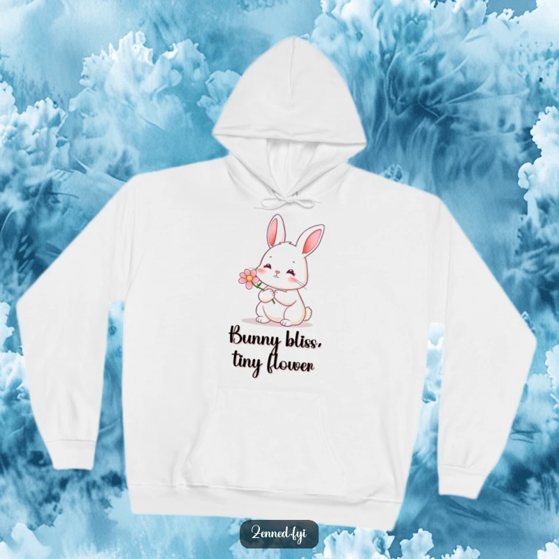 Funny rabbit flower hoodie featuring a serene rabbit holding a tiny blooming flower, offering warmth and gentle vibes.