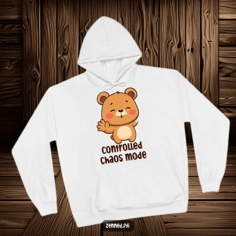 Funny hooded sweatshirt with a brown bear meditating with a relaxed expression and hand gesture, cozy and humorous, great funny gift.
