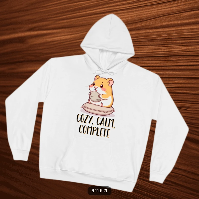 Funny hamster hoodie featuring a content hamster on a cushion, holding a smooth stone, ideal for cozy, peaceful moments.
