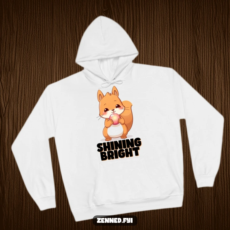Funny hoodie featuring a content squirrel holding a glowing orb, offering warmth and a touch of mystical charm.
