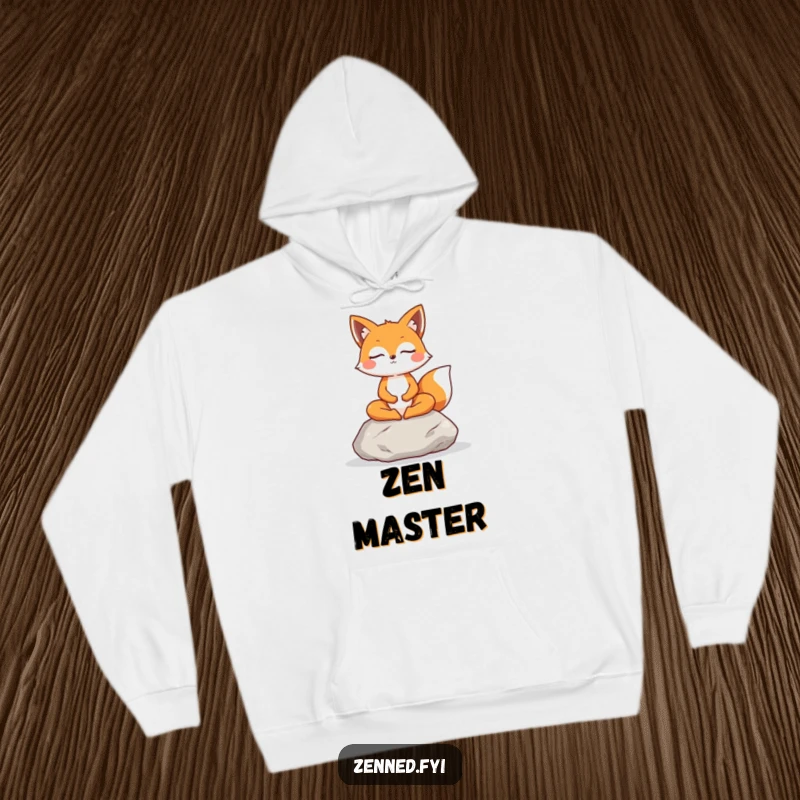 Funny Fox Hoodie: A cheerful fox meditates on a stone, radiating peaceful energy, perfect for cozy relaxation.