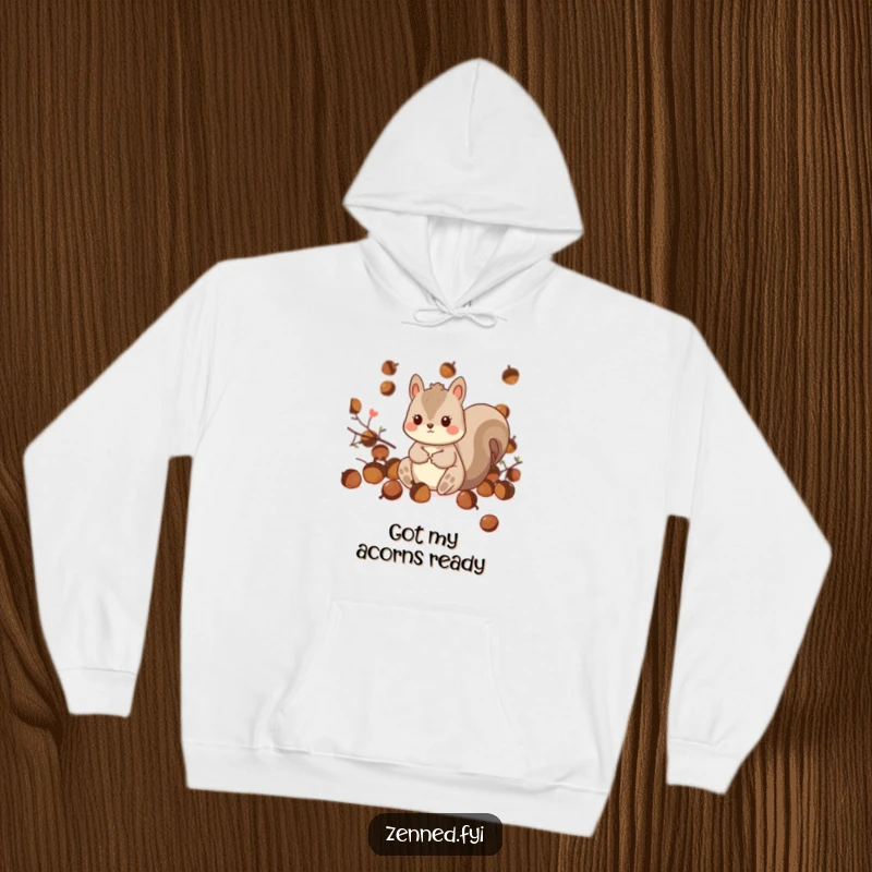 Funny Kawaii Squirrel Hoodie: A plush hoodie featuring a playful squirrel character nestled among acorns, offering warmth and a touch of humor.