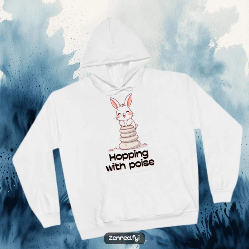 Funny rabbit giggling while balancing stones, featured on a warm hoodie, an excellent funny gift.