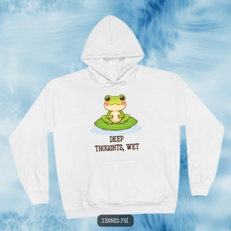 Funny Hoodie showcasing a meditating frog character on a lily pad, embodying hilarious zen and ultimate comfort.