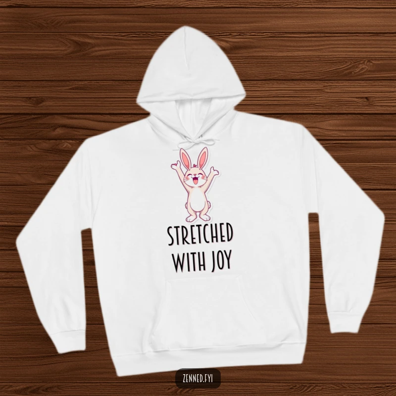 Funny Hoodie depicting a jubilant bunny character stretching towards the sky, radiating hilarious cozy joy.