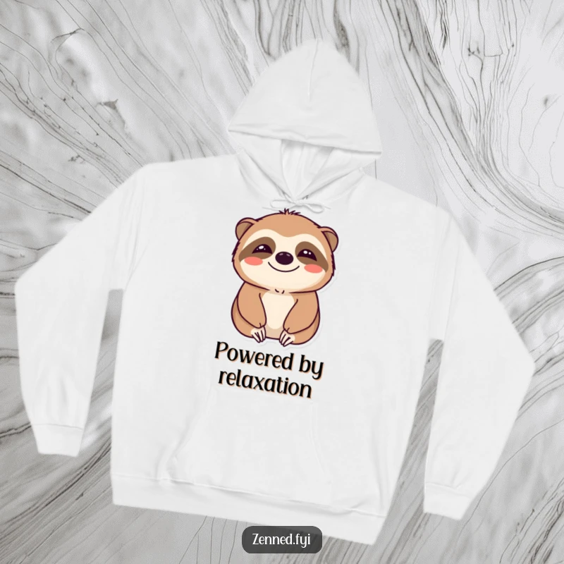 Funny hoodie featuring a smiling sloth character embodying total calm and peaceful relaxation, ideal for lounging.