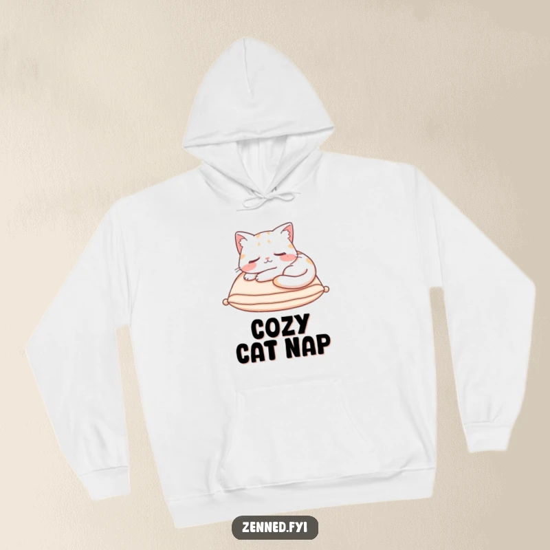 Funny Hoodie depicting a content cat character asleep on a cushion, radiating hilarious cozy charm and comfort.