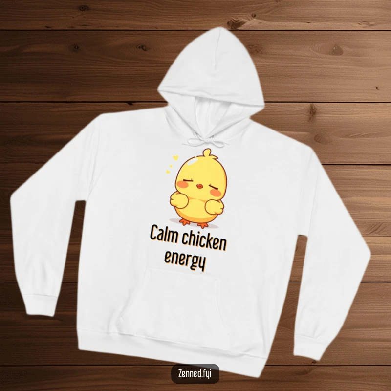 Funny hooded sweatshirt with a yellow chick breathing deeply with closed eyes, cozy and humorous, great funny gift.