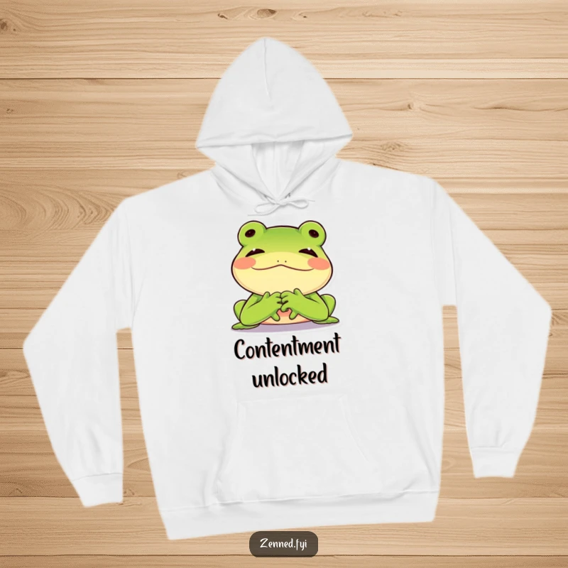 Funny hooded sweatshirt with a green frog sighing contentedly with chin on hands, cozy and humorous, great funny gift.