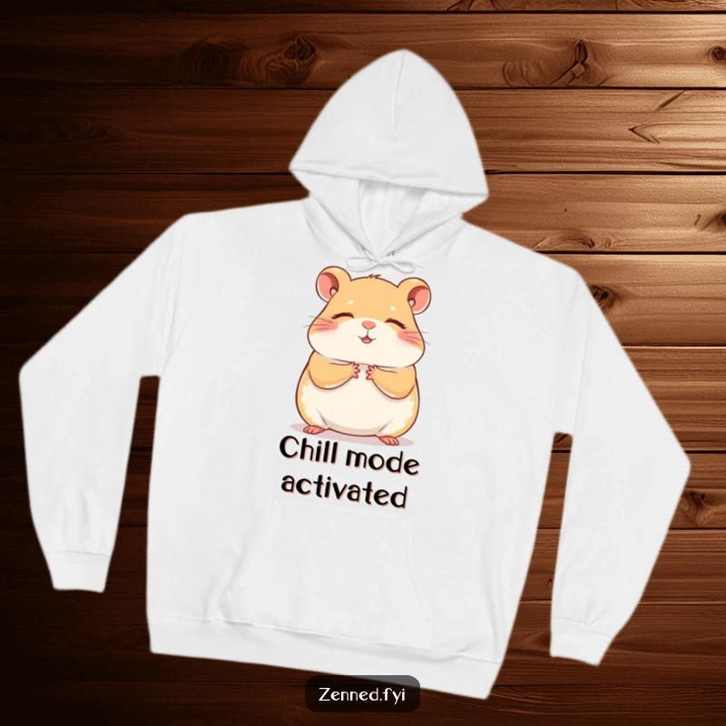 Funny contented hamster hoodie depicting a meditating hamster with tiny hands together, offering warmth and humorous zen vibes.