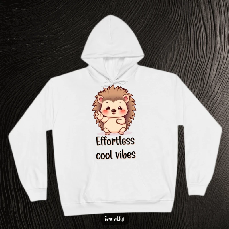 Funny hedgehog hoodie depicting a calm creature making a graceful hand gesture, offering warmth and laughter.