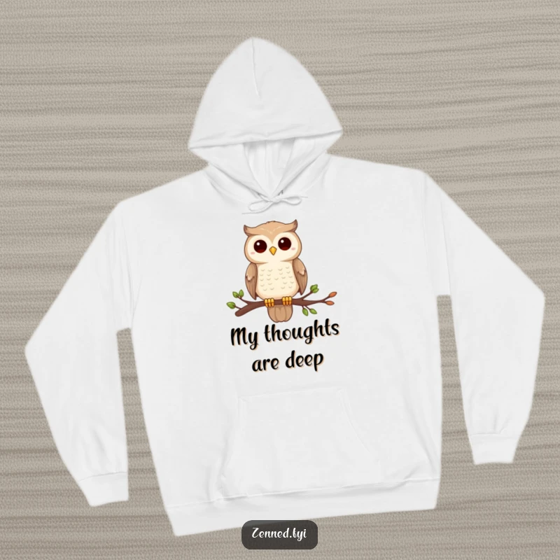 Funny owl zen hoodie, perched on a branch, completely still and centered, offering cozy wisdom and humor.