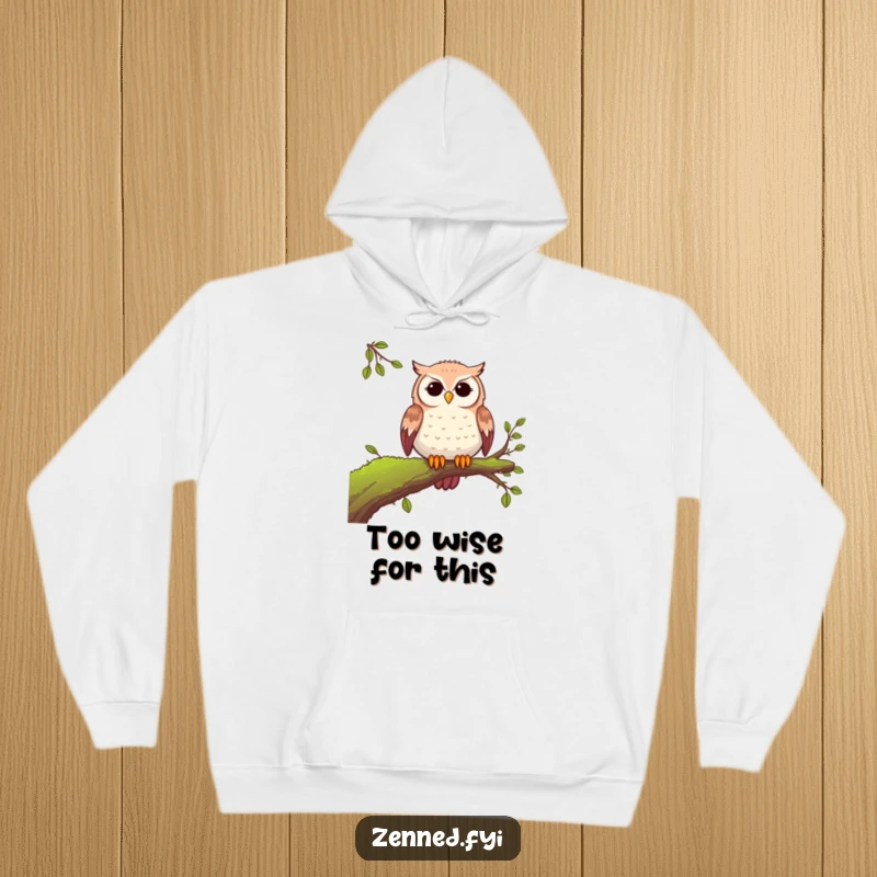 Funny peaceful owl hoodie showing a tranquil owl settled on a mossy branch, offering warmth and a sense of quiet joy.
