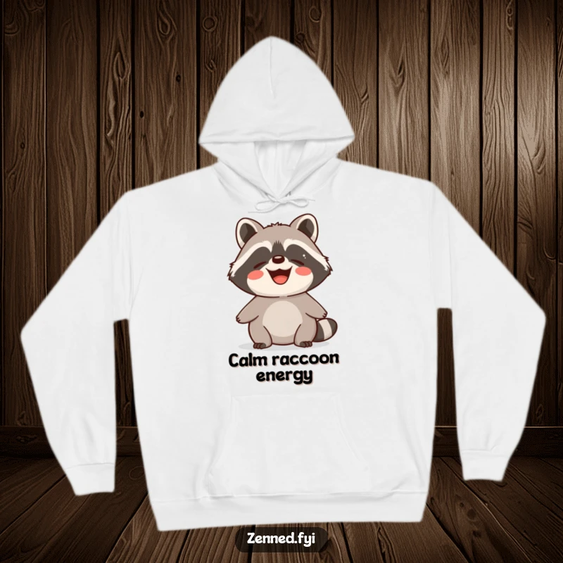 Funny Hoodie depicting a delighted raccoon radiating calm, contented energy with a peaceful and happy smile.