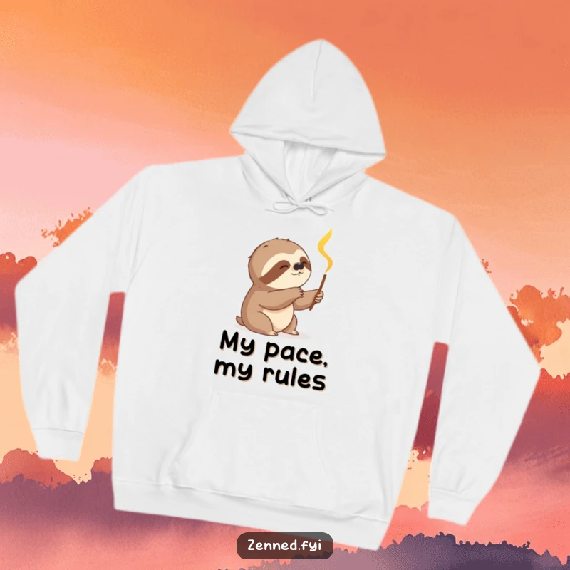Funny sloth slowly reaching for a glowing incense stick on a cozy hoodie, perfect for expressing a relaxed and humorous vibe with a funny gift.