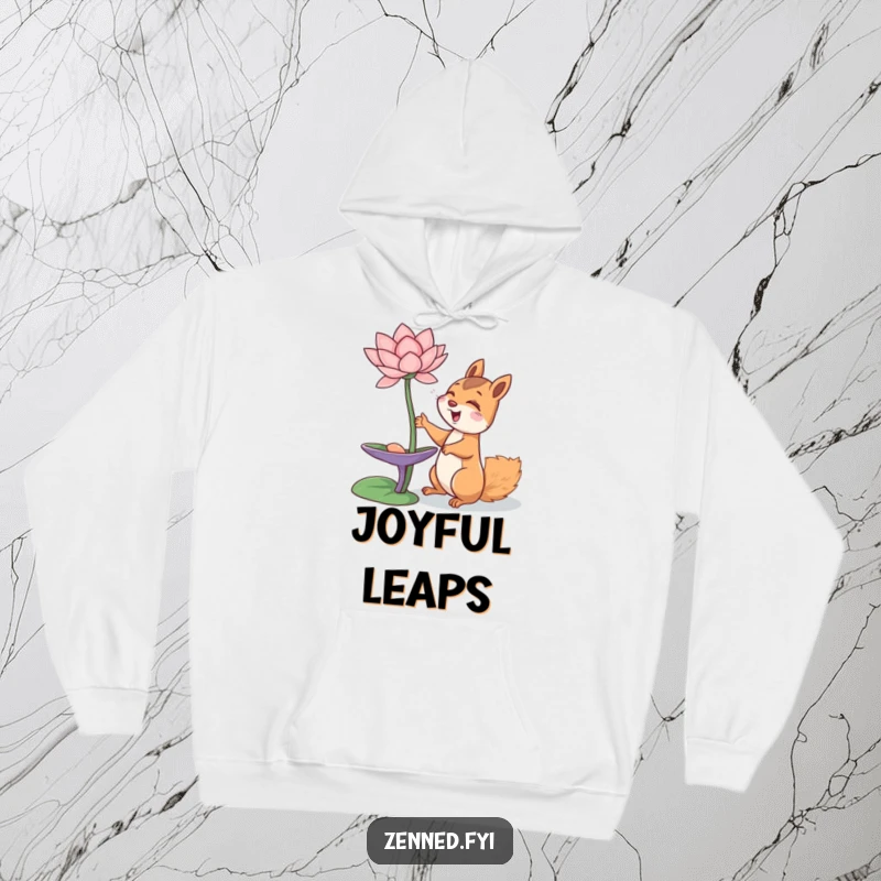 Funny giggling squirrel reaching for a lotus flower, depicted on a cozy hoodie, spreading joy, funny gift.