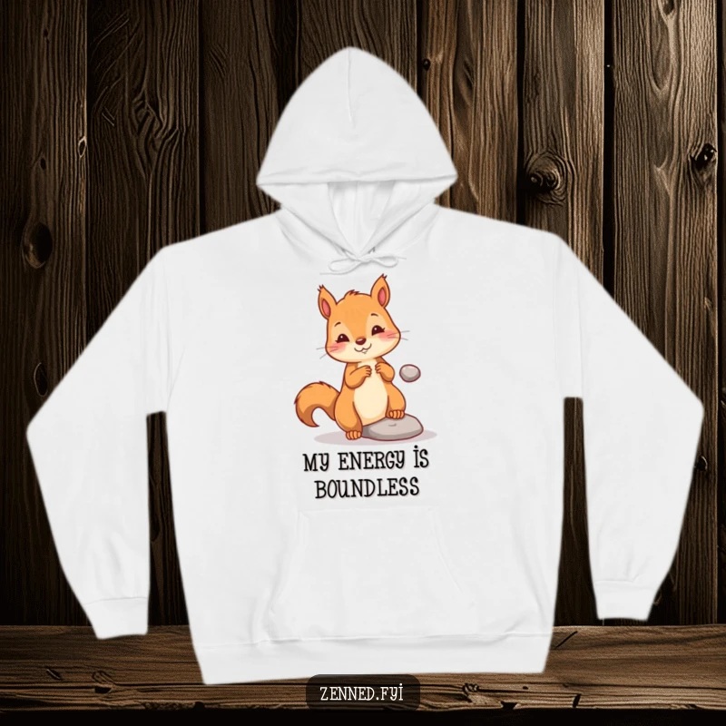 Funny hoodie displaying a playful squirrel gently levitating a tiny pebble, perfect for keeping warm while channeling mystical energy.