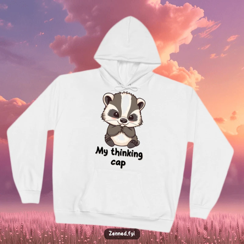 Funny hoodie depicting a wise badger character with its chin stroked in deep, funny contemplation, perfect for cozy thinking.