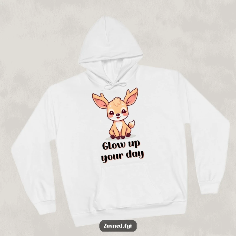Funny Kawaii Deer Hoodie: A plush hoodie featuring a joyful deer bathed in soft light rays, offering warmth and enchanting charm.