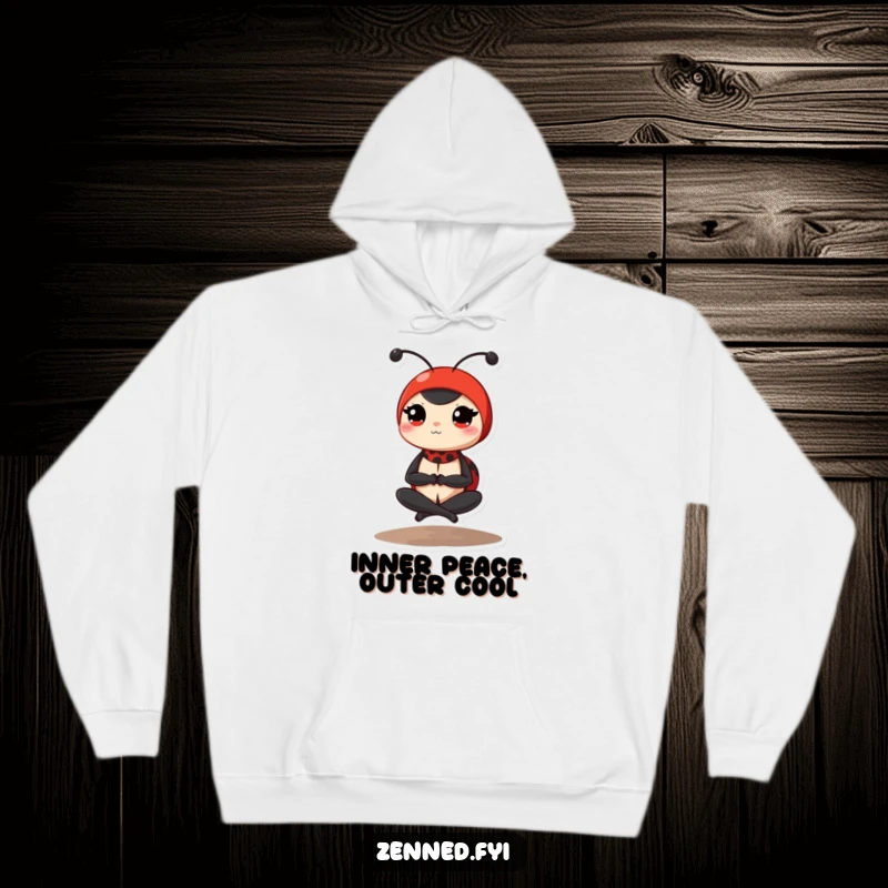 Funny ladybug hoodie showcasing a determined red ladybug meditating in a peaceful, cross-legged yoga stance, offering warmth and humor.