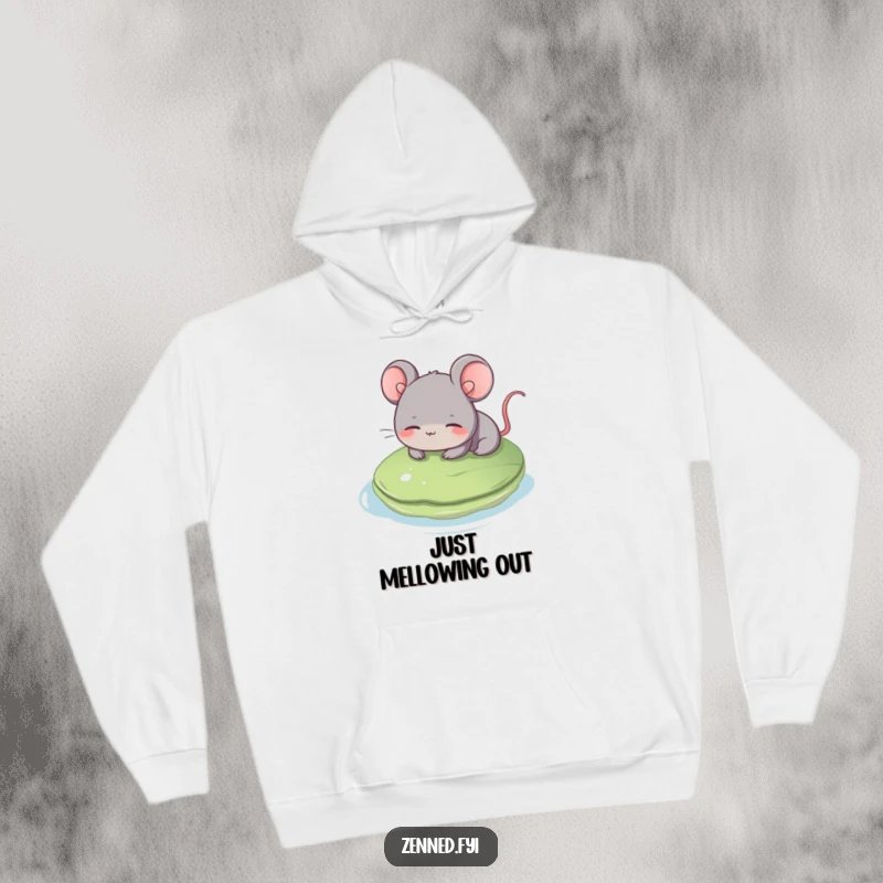 Funny grey mouse hoodie, relaxed and smiling, floating on a lily pad, soft and warm, a perfect funny gift for comfort.