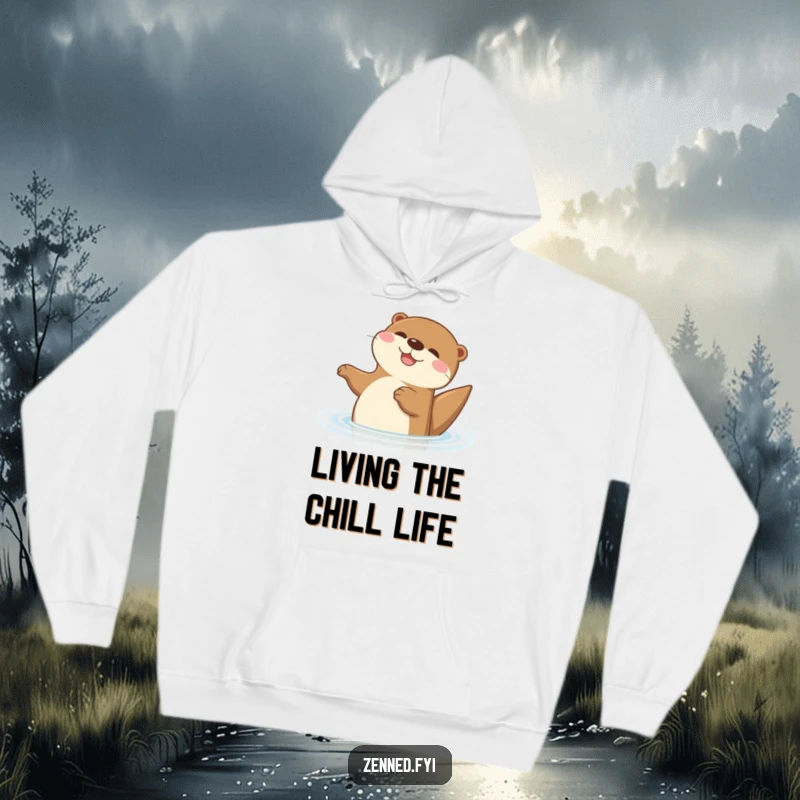 Funny Otter Hoodie showcasing a content cartoon otter floating serenely on its back, embodying peaceful, humorous relaxation and comfort.