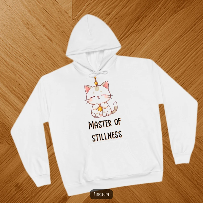 Funny cat hoodie showcasing a serene character completely still, dangling a small bell above its head, offering cozy and humorous peace.