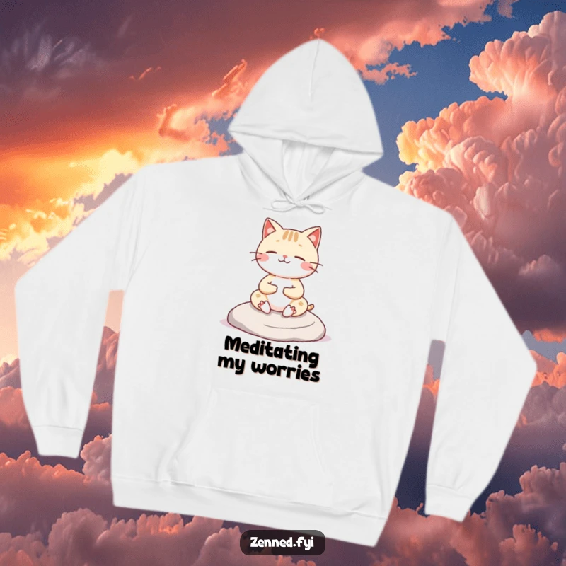 Funny Kawaii cat hoodie featuring a cheerful character meditating on a rock, offering cozy zen and humor, a great gift.