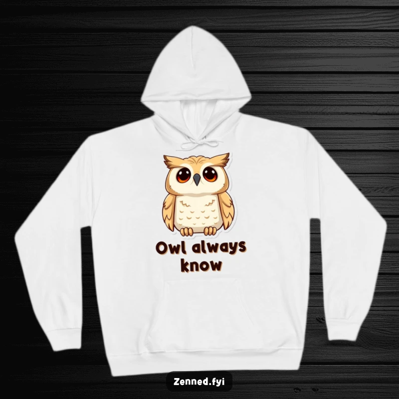 Funny and cozy hoodie featuring a calm owl gazing upwards with deep understanding, offering wise and humorous warmth.