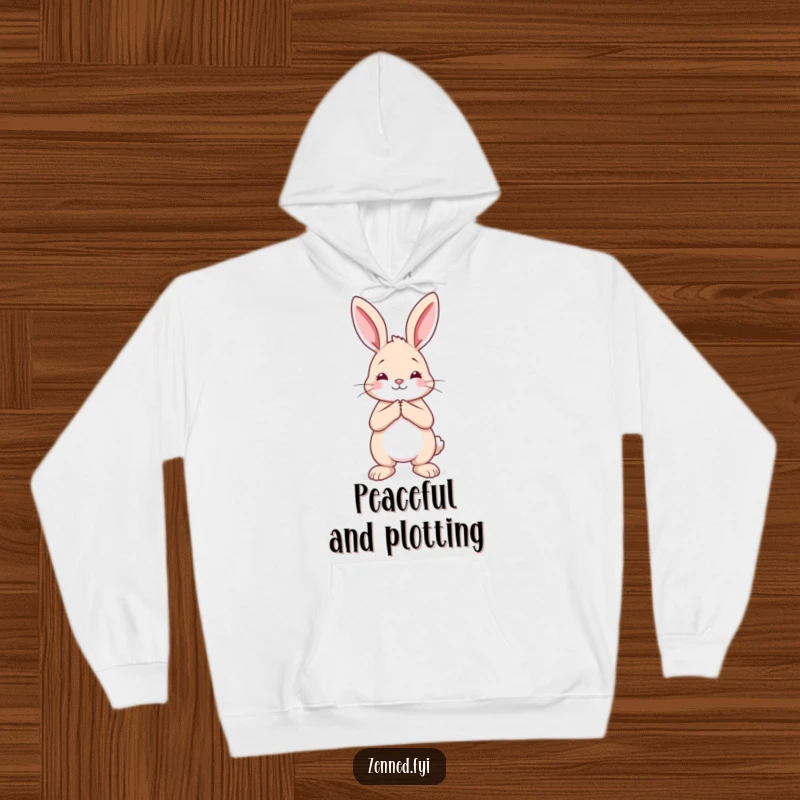 Funny rabbit hoodie showing a calm creature with hands pressed together, offering comfort and peaceful humor.